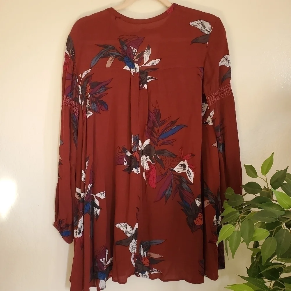 Free People Floral Electric Orchid Maroon Red Keyhole Tunic Dress Boho Casual XS